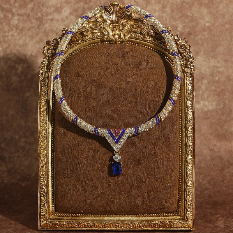 Vintage Blue Zircon Gold Choker Necklace with Rhinestones