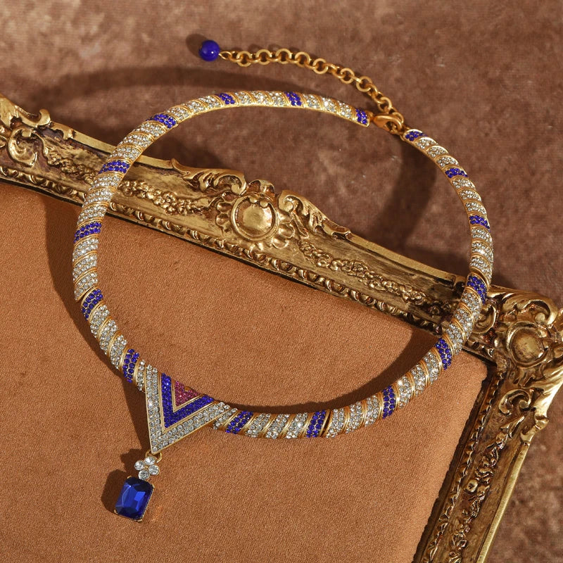 Vintage Blue Zircon Gold Choker Necklace with Rhinestones