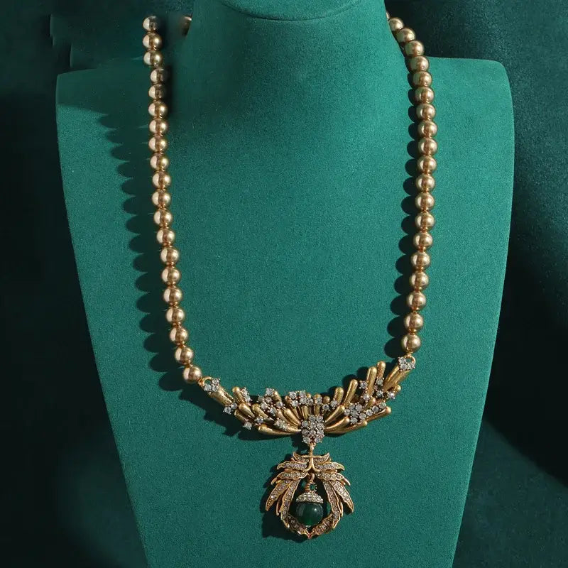 Vintage Champagne Pearl Necklace with Rhinestone Bee Charms