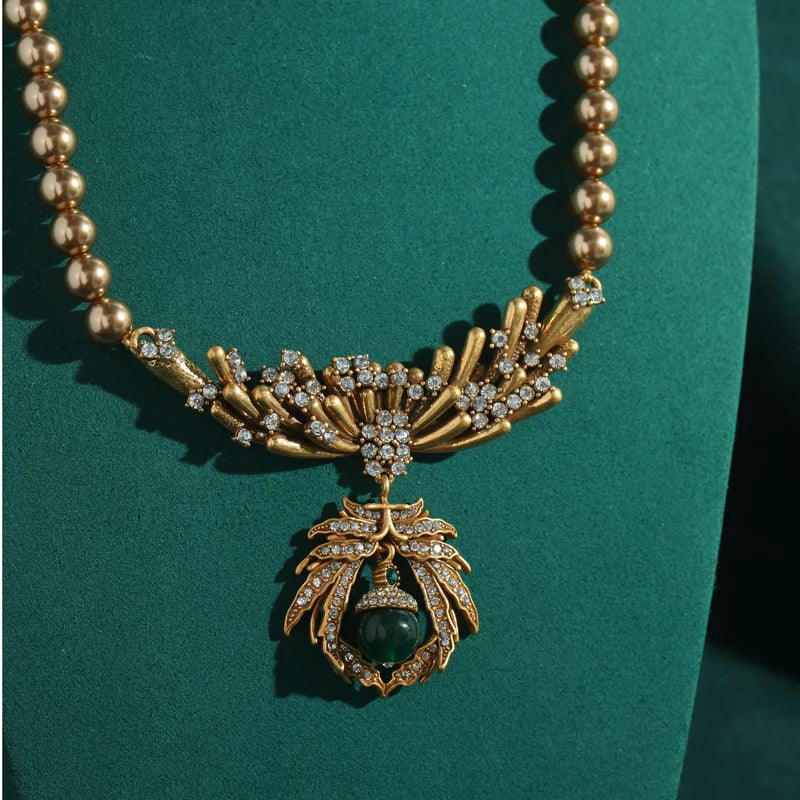 Vintage Champagne Pearl Necklace with Rhinestone Bee Charms