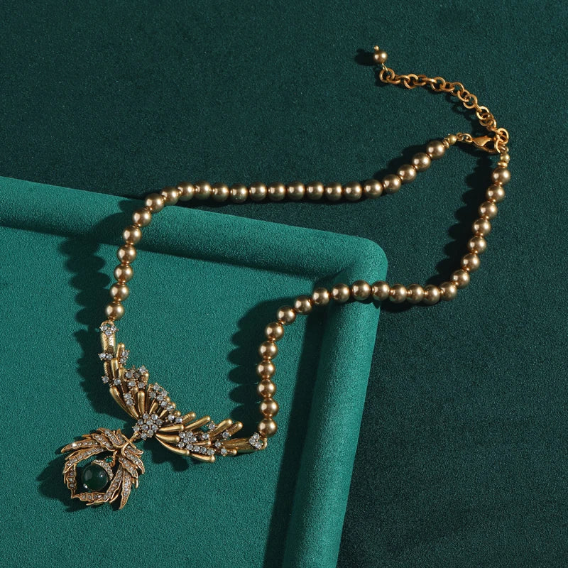 Vintage Champagne Pearl Necklace with Rhinestone Bee Charms