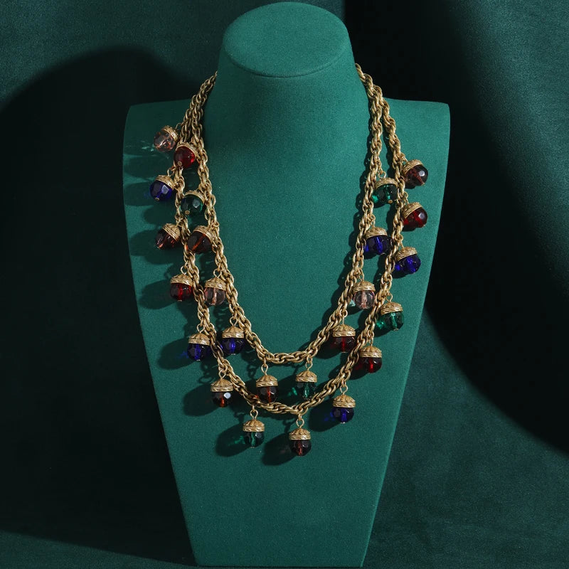 Vintage Colorful Glass Ball Layered Pendant Necklace for Women