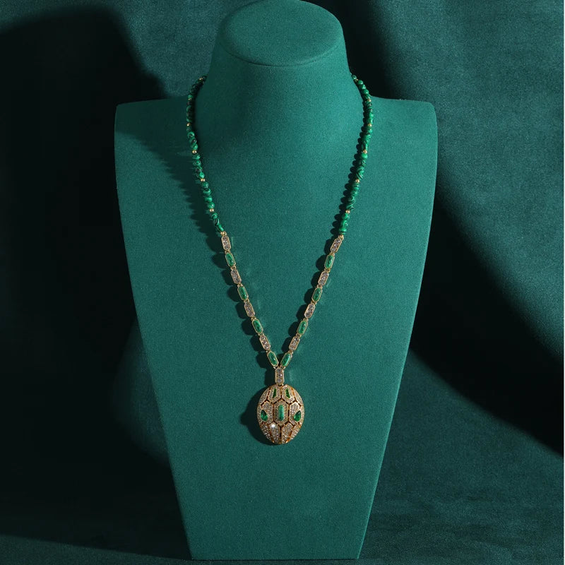 Vintage Emerald Snake Head Pendant Necklace with Zircon & Peacock Beads