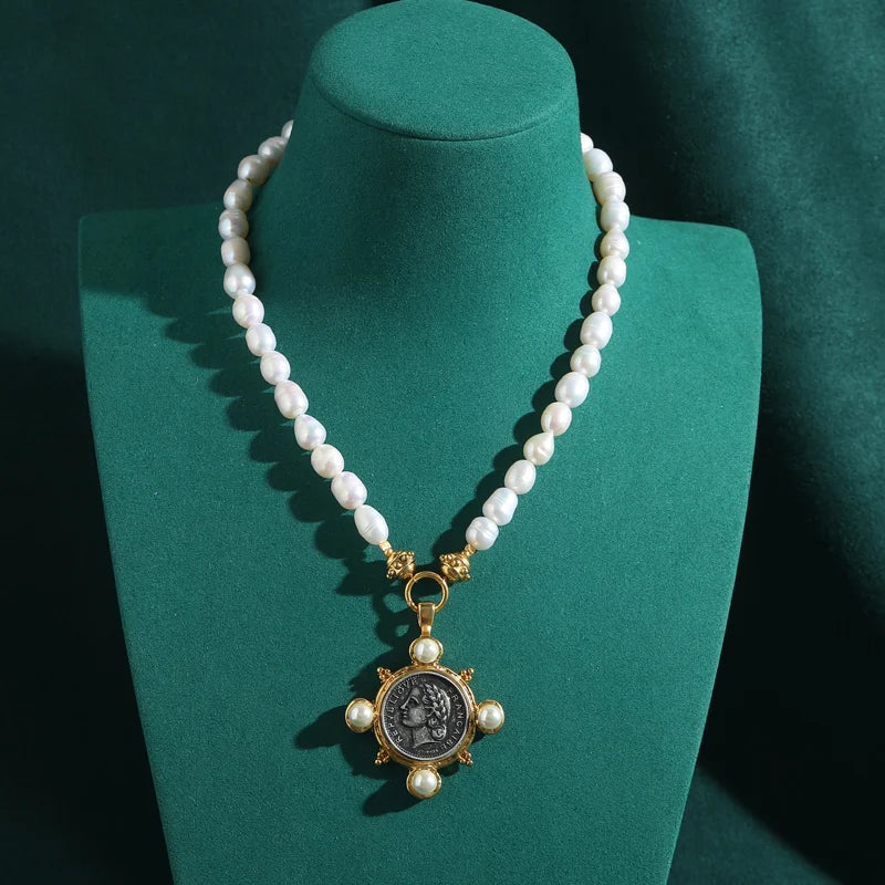 Vintage Gold Pearl Portrait Pendant Choker Necklace