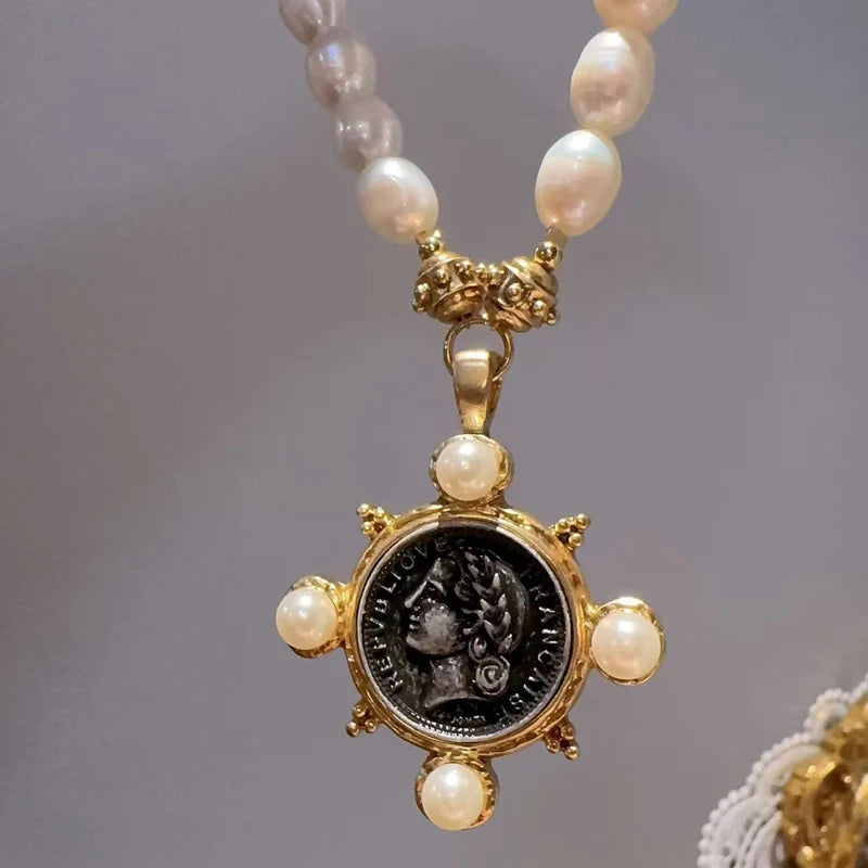 Vintage Gold Pearl Portrait Pendant Choker Necklace