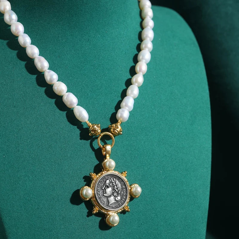 Vintage Gold Pearl Portrait Pendant Choker Necklace