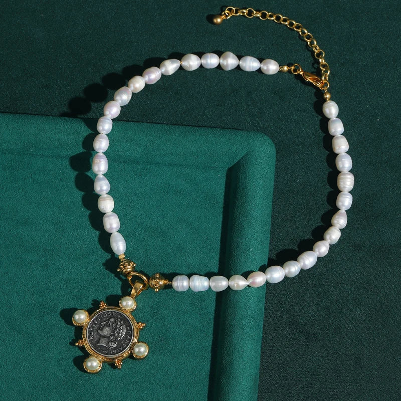 Vintage Gold Pearl Portrait Pendant Choker Necklace