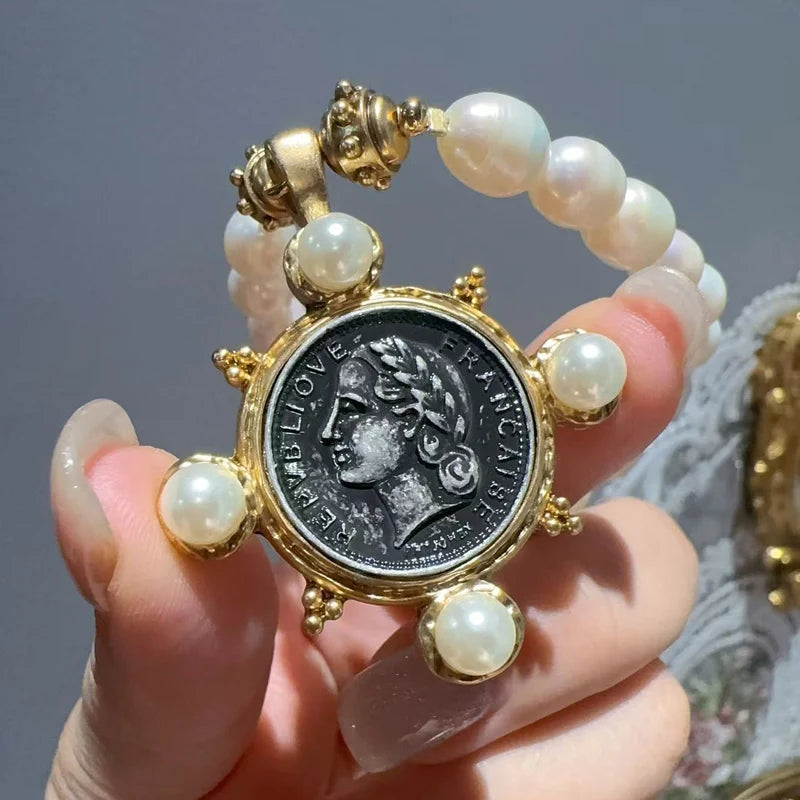 Vintage Gold Pearl Portrait Pendant Choker Necklace