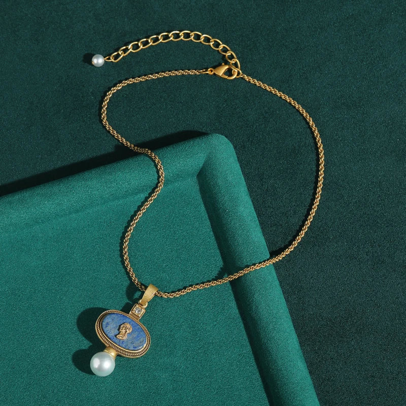 Vintage Lapis Lazuli Pendant Necklace – Gold Carved Portrait Design