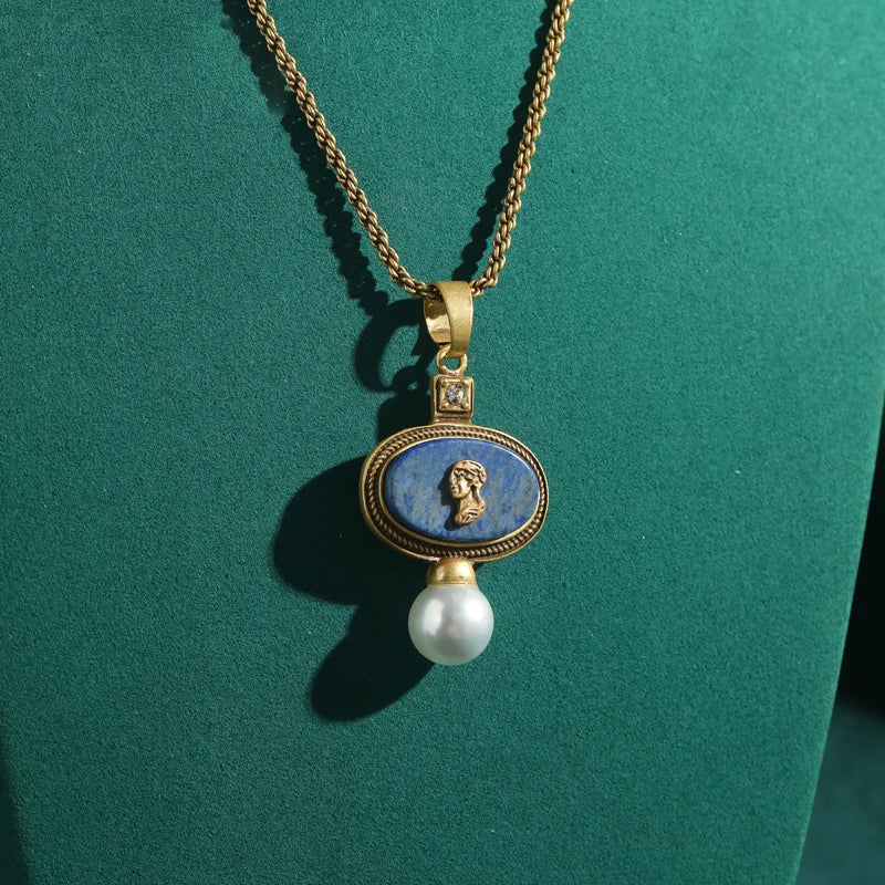 Vintage Lapis Lazuli Pendant Necklace – Gold Carved Portrait Design