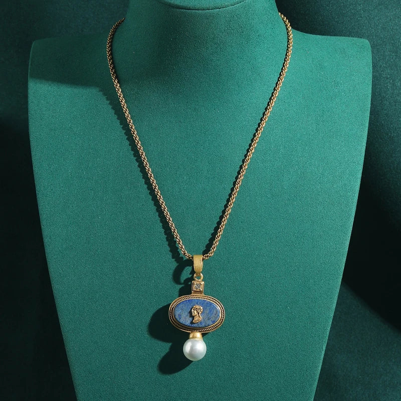 Vintage Lapis Lazuli Pendant Necklace – Gold Carved Portrait Design