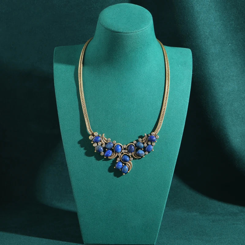 Vintage Lapis Lazuli Snake Chain Necklace – Antique Gold Women's Jewelry