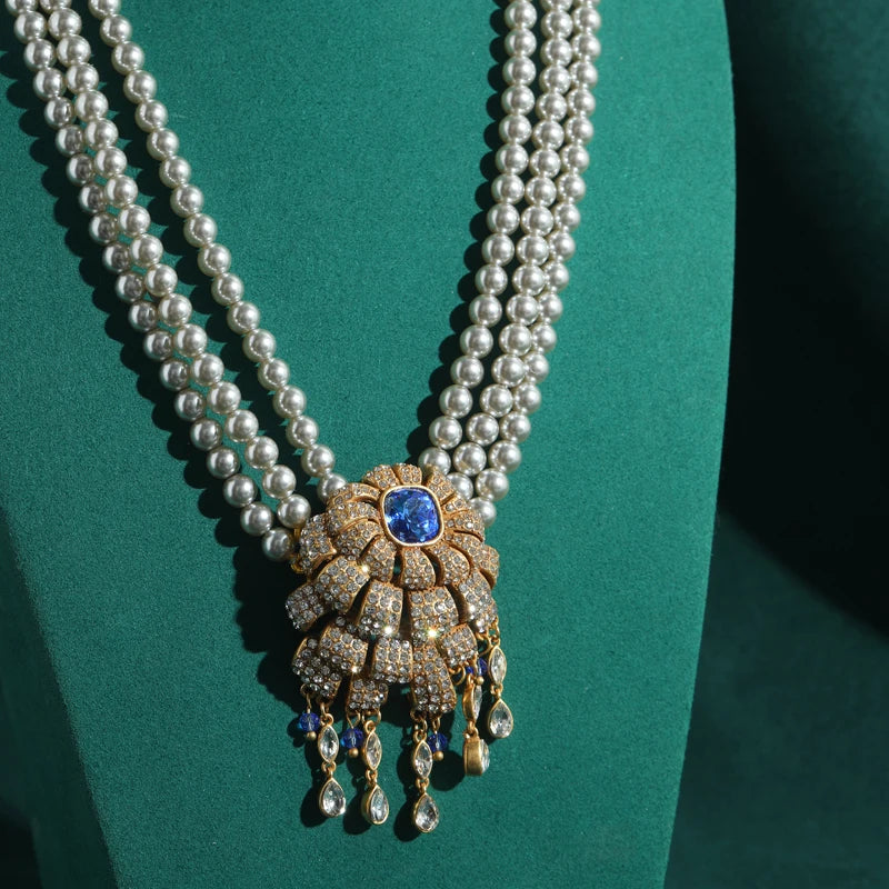 Vintage Layered Necklace with Zircon Flower & Pearl Pendant
