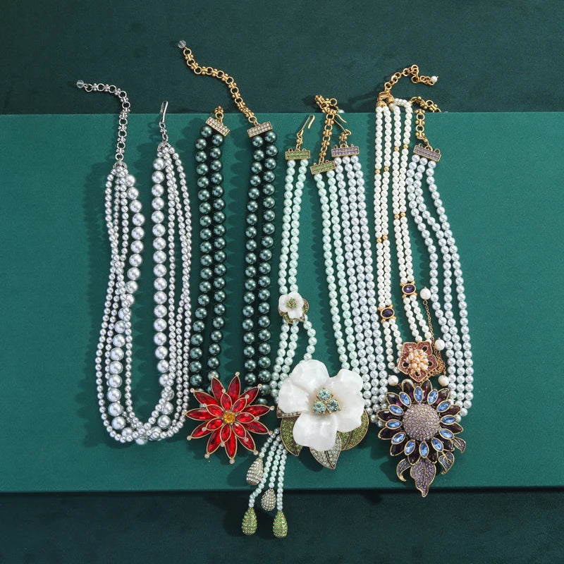 Vintage Layered Necklace with Zircon Flower & Pearl Pendant
