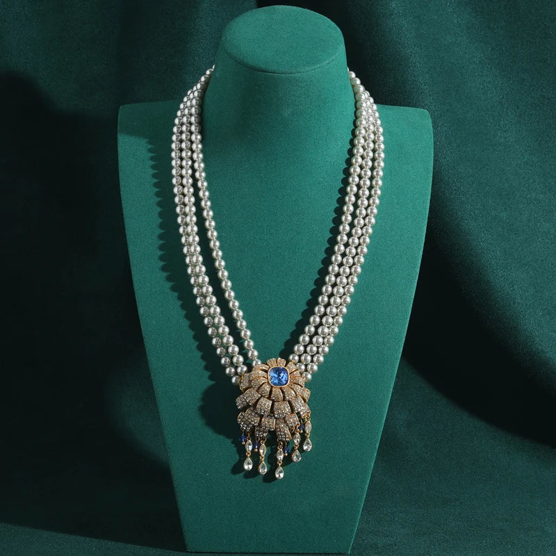 Vintage Layered Necklace with Zircon Flower & Pearl Pendant