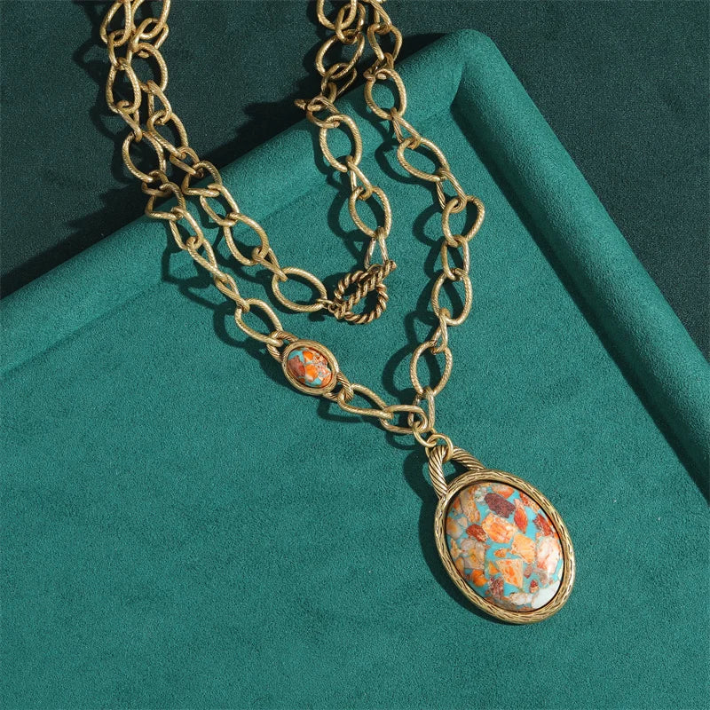 Vintage Natural Stone Nautical Map Oval Pendant Necklace