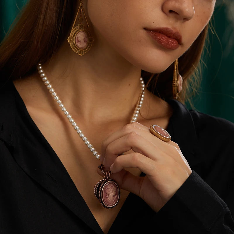 Vintage Pearl Necklace with Pink Cameo – Rose Gold Bridal Jewelry