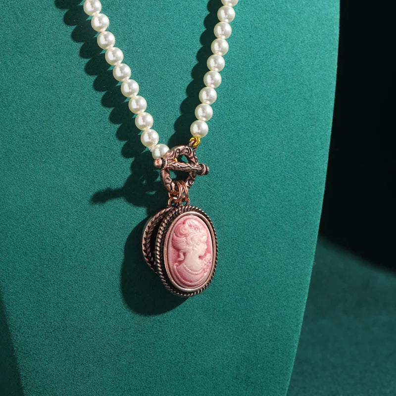 Vintage Pearl Necklace with Pink Cameo – Rose Gold Bridal Jewelry