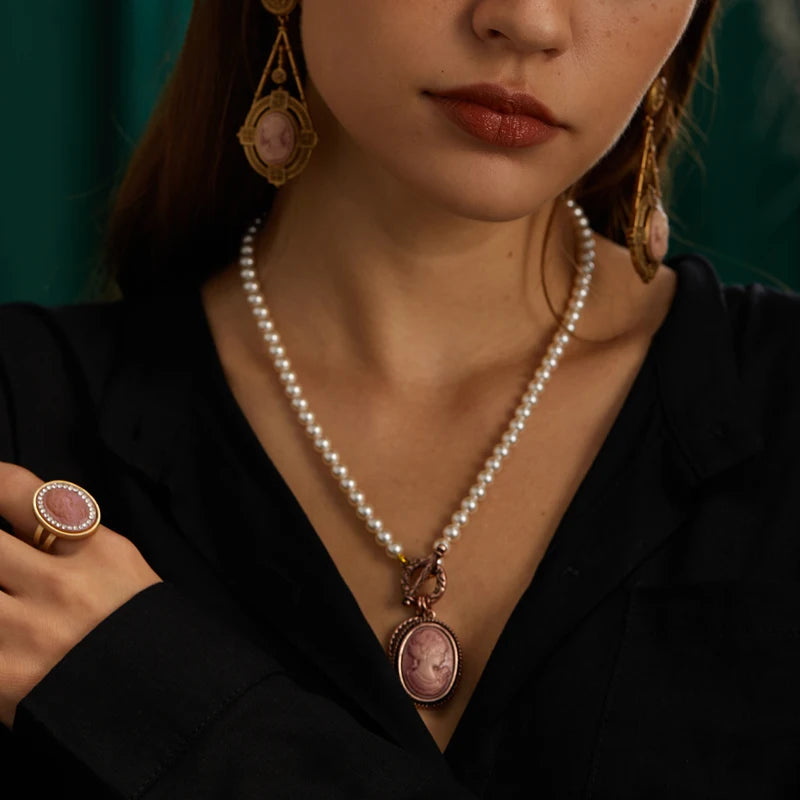 Vintage Pearl Necklace with Pink Cameo – Rose Gold Bridal Jewelry