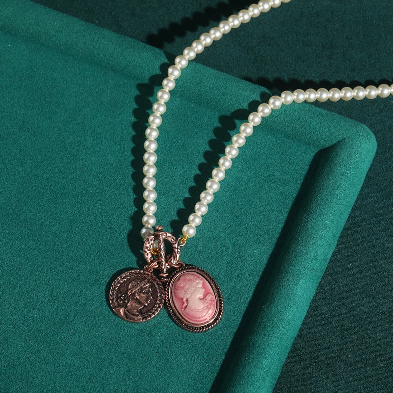Vintage Pearl Necklace with Pink Cameo – Rose Gold Bridal Jewelry