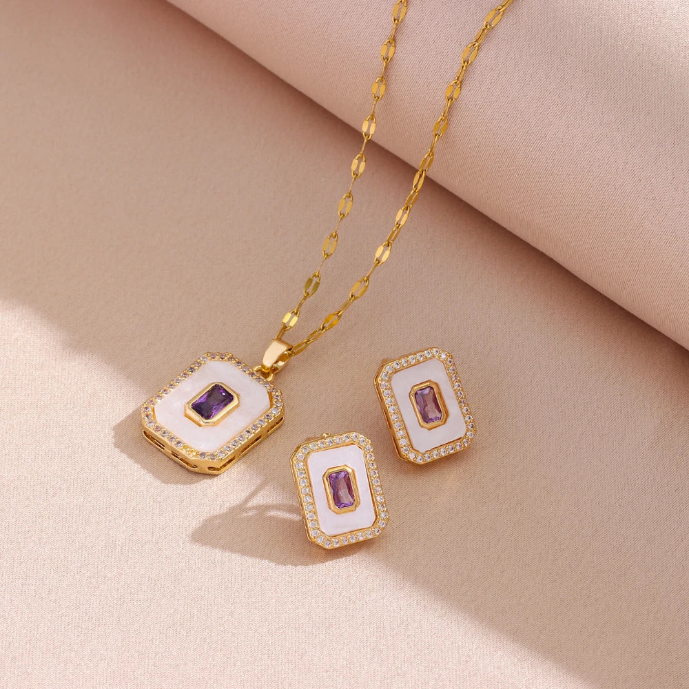 Vintage Purple Zircon Jewelry Set – Necklace, Earrings & Ring