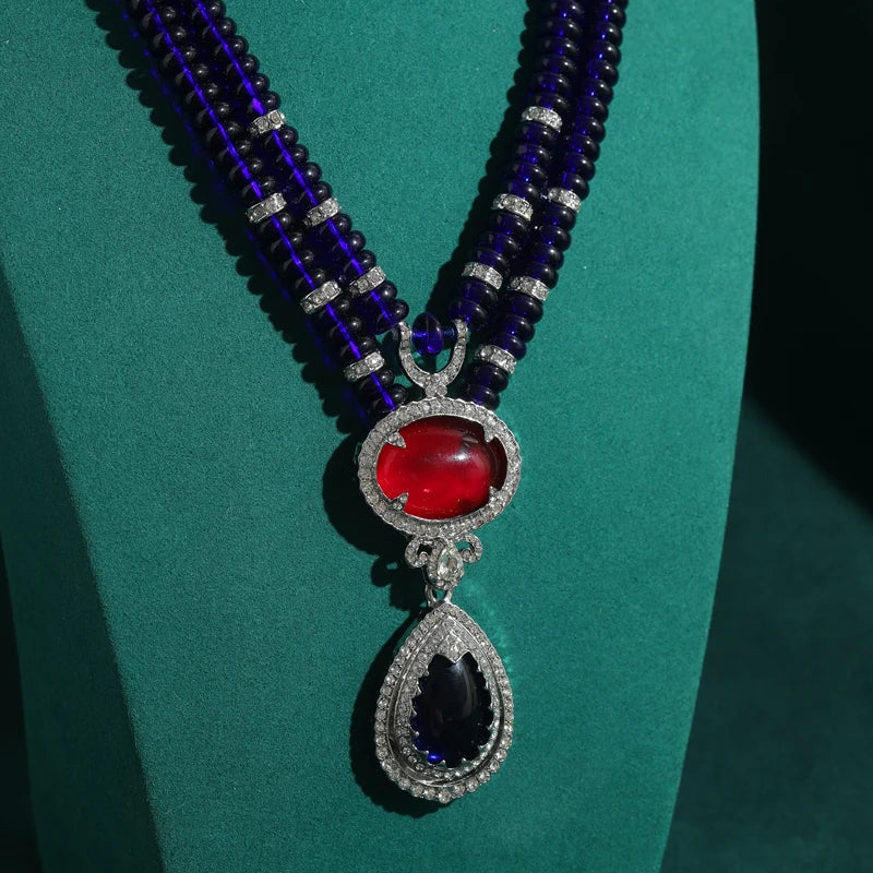 Vintage Sapphire Blue Beaded Necklace with Water Drop Pendant