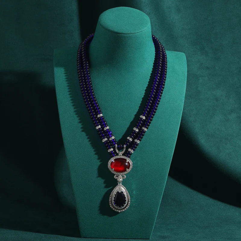 Vintage Sapphire Blue Beaded Necklace with Water Drop Pendant