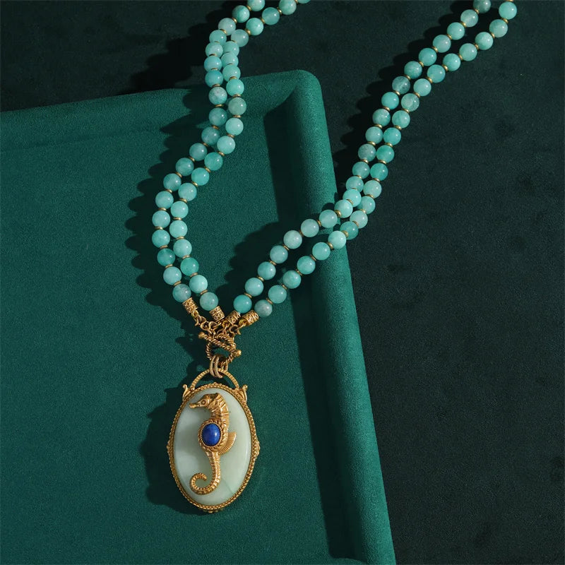 Vintage Sea Horse Stone Necklace – Layered Gold Luxury Jewelry