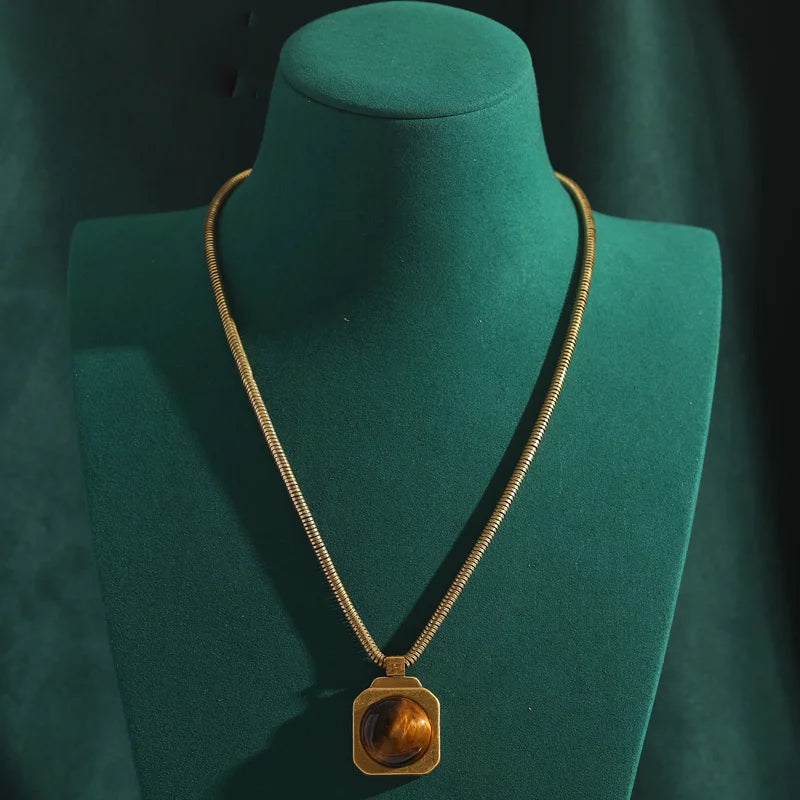 Vintage Tiger Eye Pendant Necklace – Gold Square Copper Chain