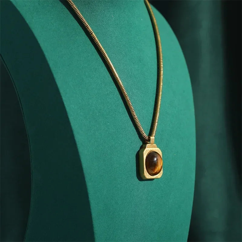 Vintage Tiger Eye Pendant Necklace – Gold Square Copper Chain