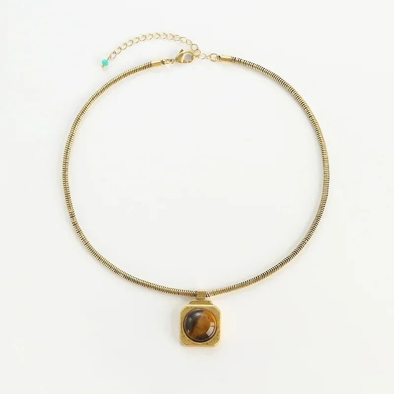 Vintage Tiger Eye Pendant Necklace – Gold Square Copper Chain