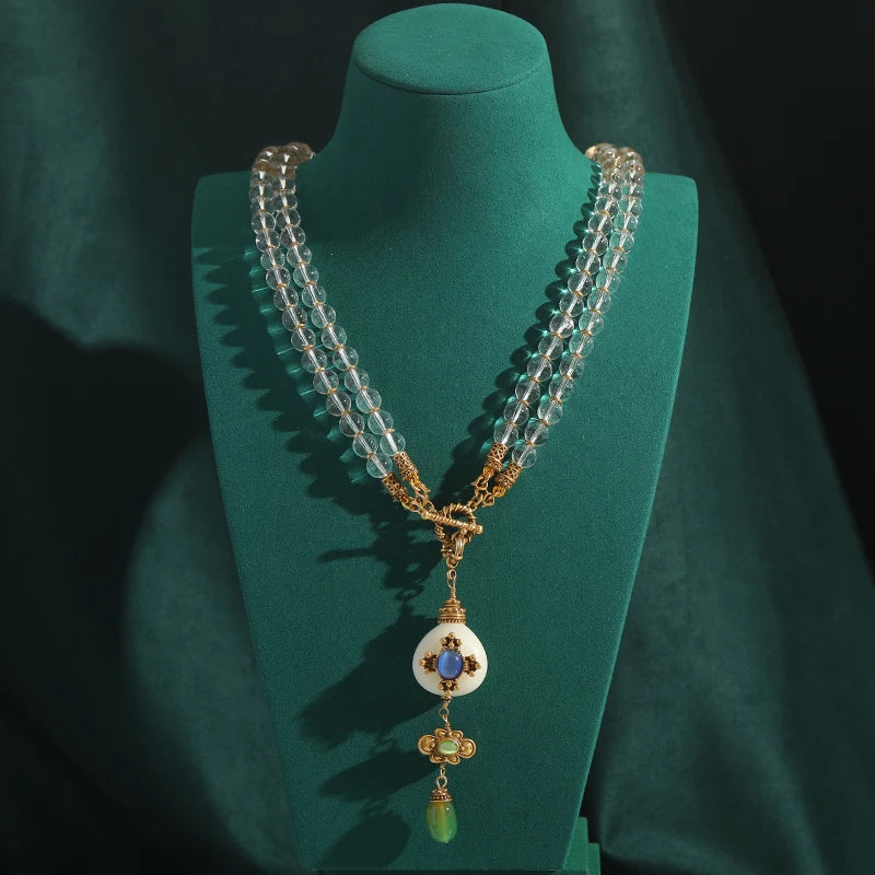 Vintage Transparent Glass Four-Leaf Clover Pendant Layered Necklace