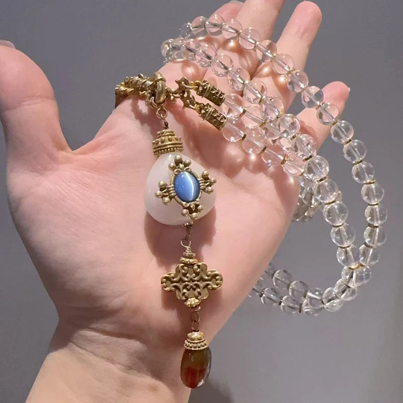 Vintage Transparent Glass Four-Leaf Clover Pendant Layered Necklace