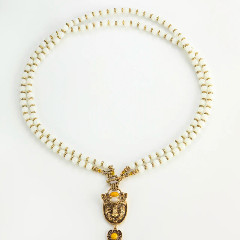 Vintage White Beads Necklace with Tiger Head Pendant