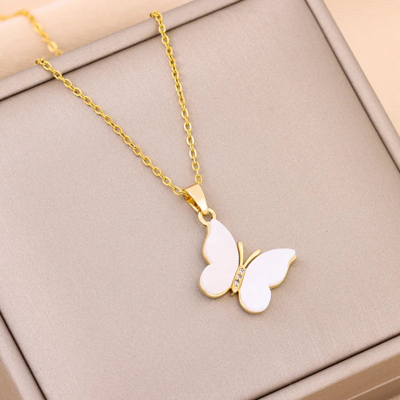 White Butterfly Pendant Necklace – Korean Fashion Stainless Steel Chain