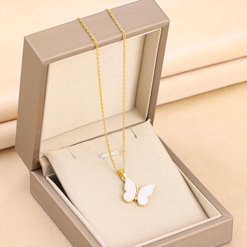 White Butterfly Pendant Necklace – Korean Fashion Stainless Steel Chain