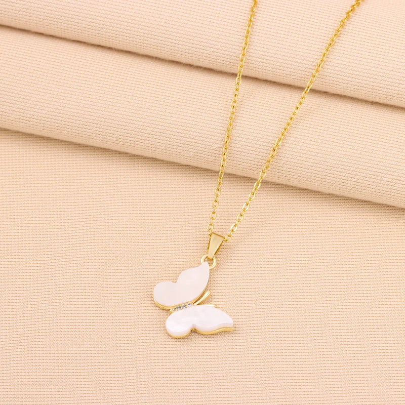 White Butterfly Pendant Necklace – Korean Fashion Stainless Steel Chain