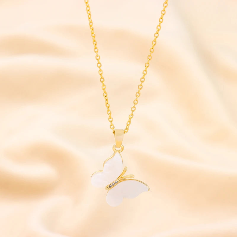 White Butterfly Pendant Necklace – Korean Fashion Stainless Steel Chain
