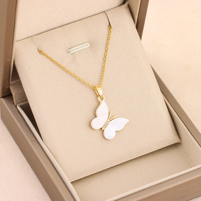 White Butterfly Pendant Necklace – Korean Fashion Stainless Steel Chain