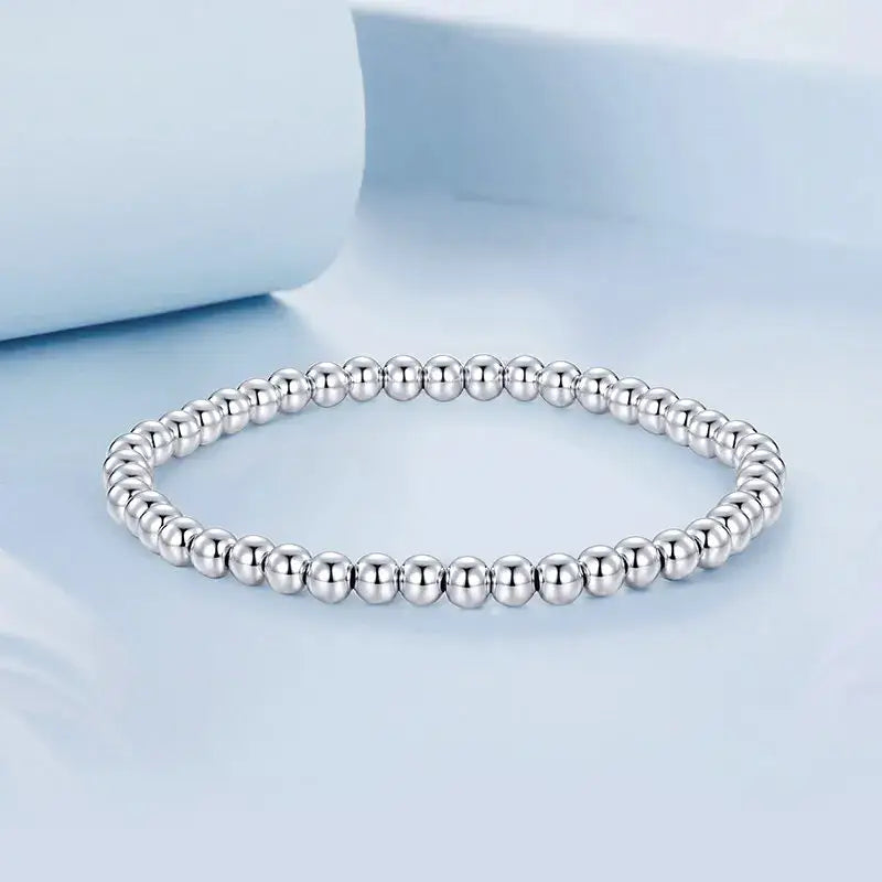 White Gold Plated Sterling Silver Bead Ball Stretch Bracelet