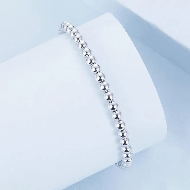 White Gold Plated Sterling Silver Bead Ball Stretch Bracelet