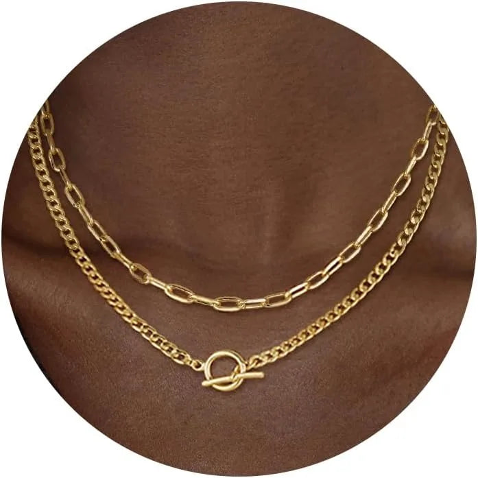 Women’s Gold Layered Chain Necklace – Cuban Link Paperclip Style