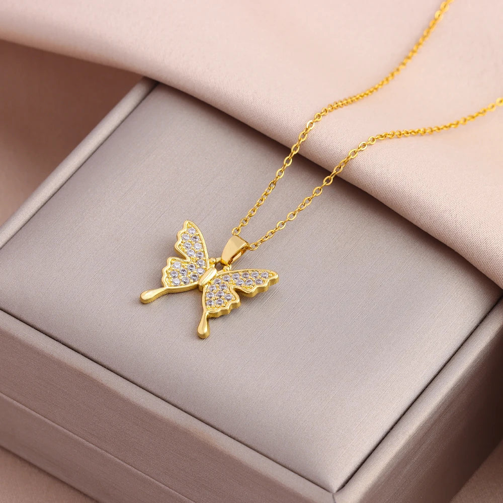 Zircon Butterfly Pendant Necklace – Stainless Steel Chain for Women