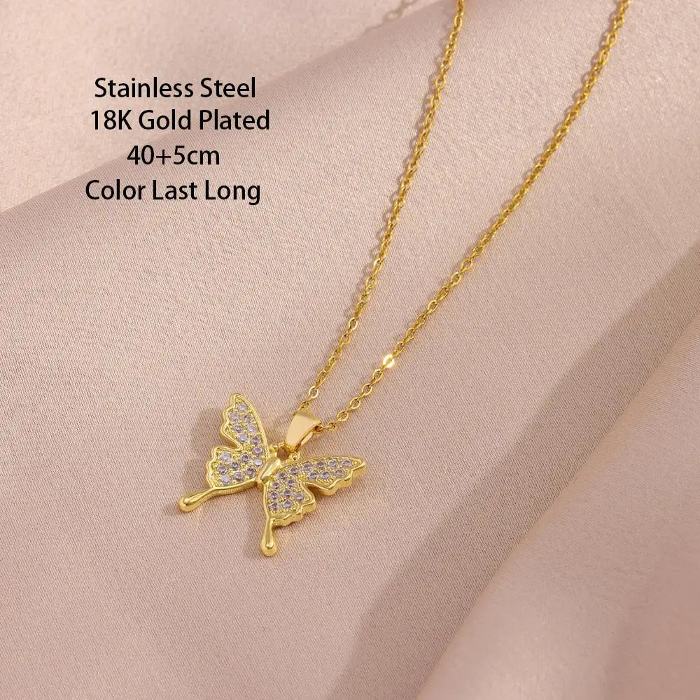 Zircon Butterfly Pendant Necklace – Stainless Steel Chain for Women