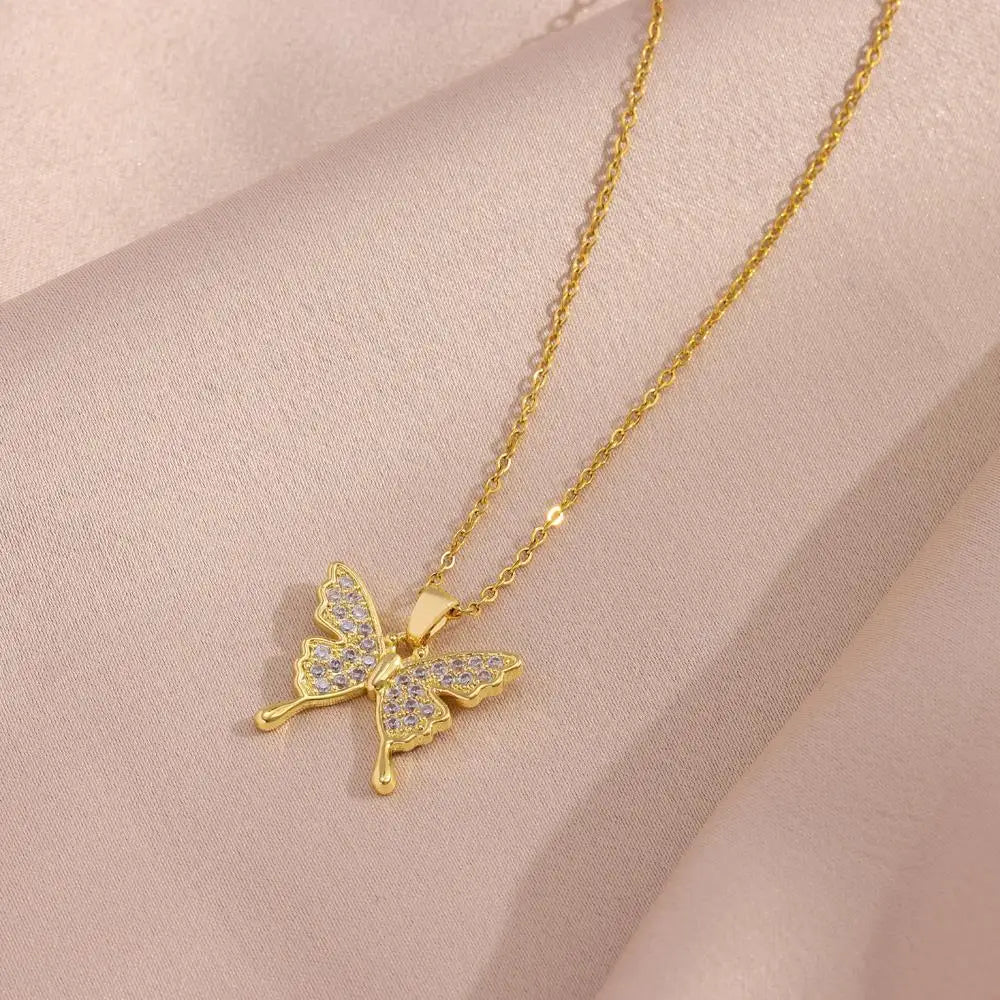 Zircon Butterfly Pendant Necklace – Stainless Steel Chain for Women