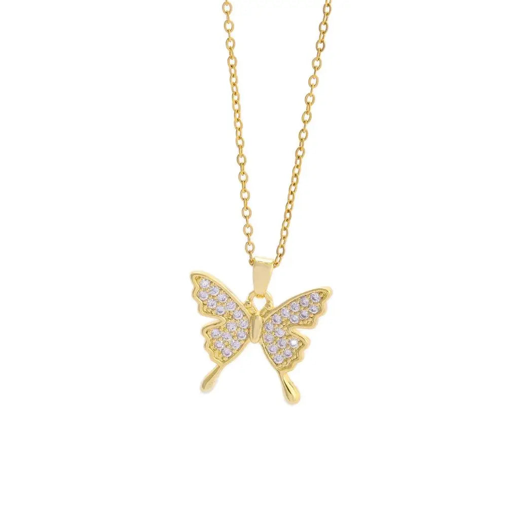 Zircon Butterfly Pendant Necklace – Stainless Steel Chain for Women